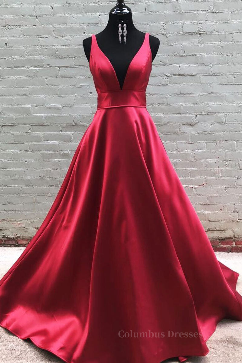 Evening Dress Classy, Simple v neck burgundy satin long prom dress  burgundy formal dress