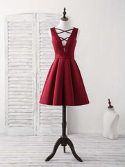 Bridesmaids Dresses Short, Simple V Neck Burgundy Short Prom Dress Satin Homecoming Dress