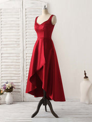 Party Dress Nye, Simple V Neck High Low Prom Dress Burgundy Evening Dress