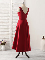 Party Dress Sparkle, Simple V Neck High Low Prom Dress Burgundy Evening Dress