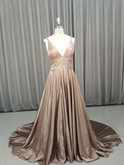 Bridesmaids Dresses Ideas, Simple v neck satin champagne long prom dress champagne evening dress