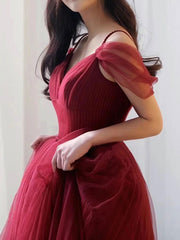 Winter Formal Dress, Simple V neck Tulle Burgundy Long Prom Dress, Burgundy Tulle Formal Dresses