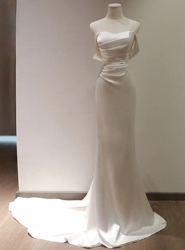 Simple White Mermaid Pleats Off the Shoulder Wedding Dress