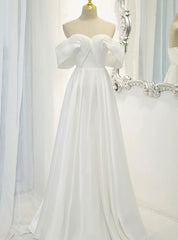 Simple White Satin Off the Shoulder Pleats Wedding Dress