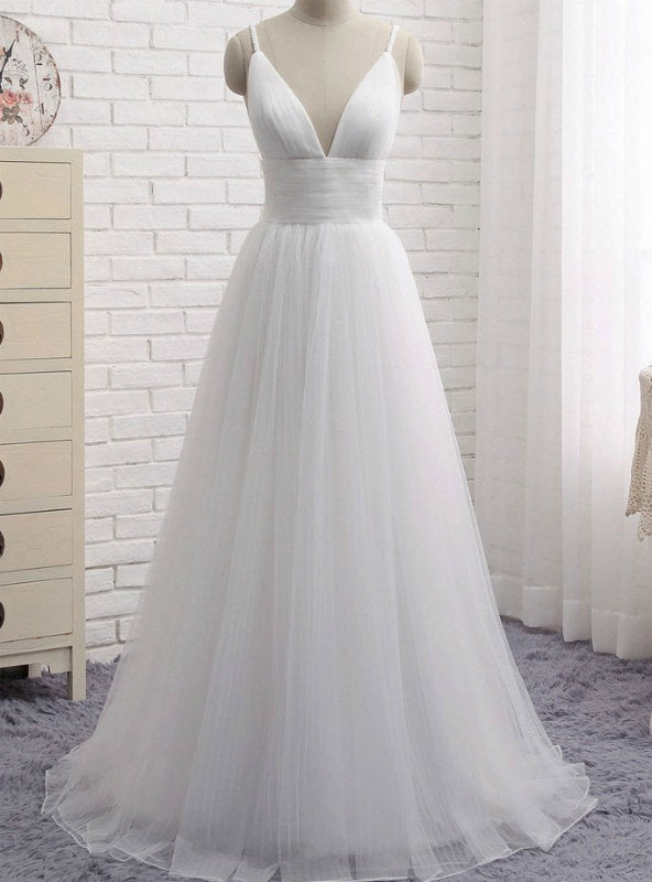 Simple White Spaghetti Straps Tulle V-neck Backless Wedding Dress