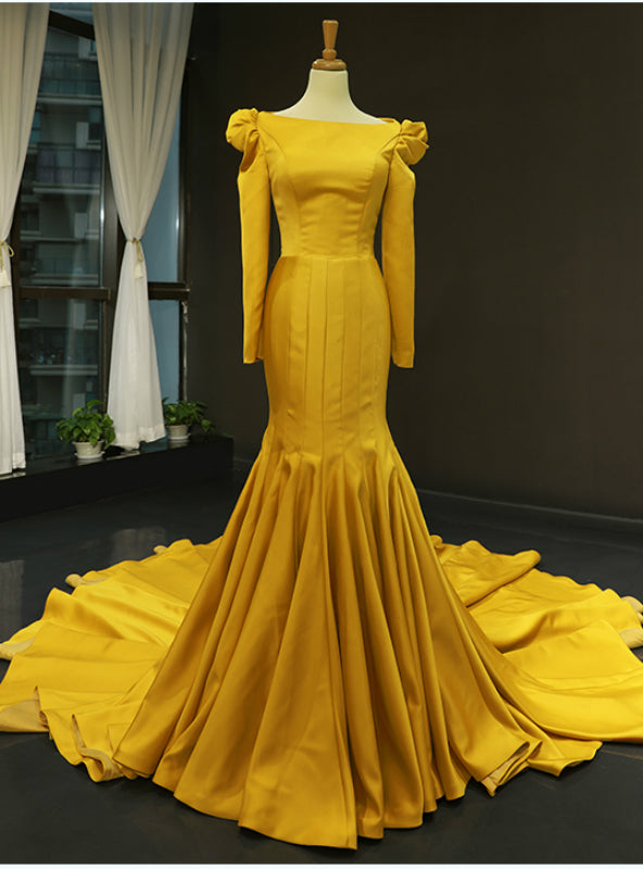 Simple Yellow Mermaid Satin Long Sleeve Prom Dress With Long Train