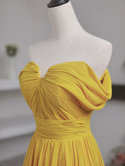 Wedding Photo Ideas, Simple Yellow Off Shoulder Long Prom Dress, Yellow Chiffon Graduation Dresses