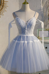 Sky Blue A Line Tulle Lace V Neck Homecoming Dress