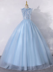 Sky Blue Ball Gown Tulle Appliques Quinceanera Dress