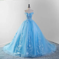 Sky Blue Lace Dress 3D Flowers Quinceanera Dresses with Train