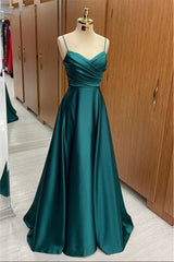 Slim Long Green Satin Aline Prom Dress With Straps