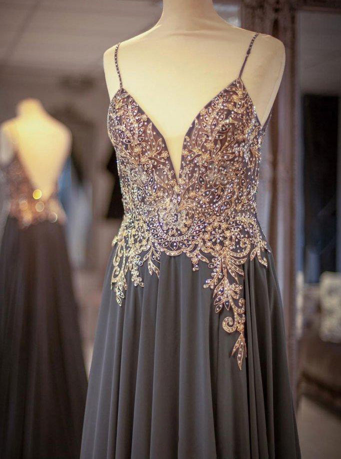 Party Dress Dress, Gray Spaghetti Straps A-line Beaded Long Prom Dresses