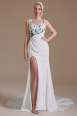 Evening Dresses For Weddings, Spaghetti Straps Appliques Sweep Train High Split Prom Dresses