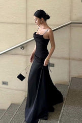 Spaghetti Straps Black A Line Long Prom Dresses Back Open