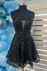 Spaghetti Straps Black Sequin Homecoming Dress with Bow