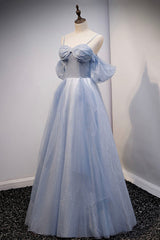 Party Dress Silk, Spaghetti Straps Blue Tulle Long Prom Dress, Off the Shoulder Evening Dress