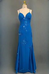 Spaghetti Straps Gorgeous A-line Blue Prom Dresses Long Evening Dresses 21th Birthday Outfits