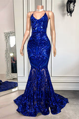 Spaghetti-Straps Mermaid Long Prom Dress With Sequins in Royal Blue