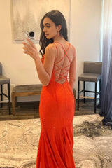 Spaghetti Straps Orange Long Prom Dress with Criss Cross Back