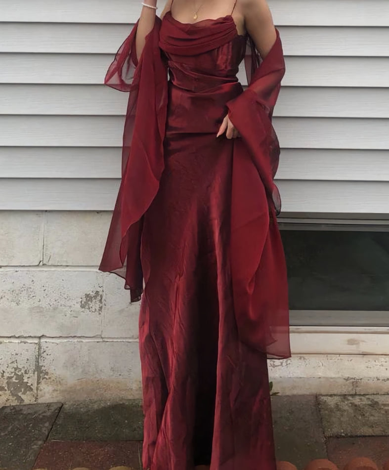 Party Dress Boho, Spaghetti Straps Simple Burgundy Long Prom Dress