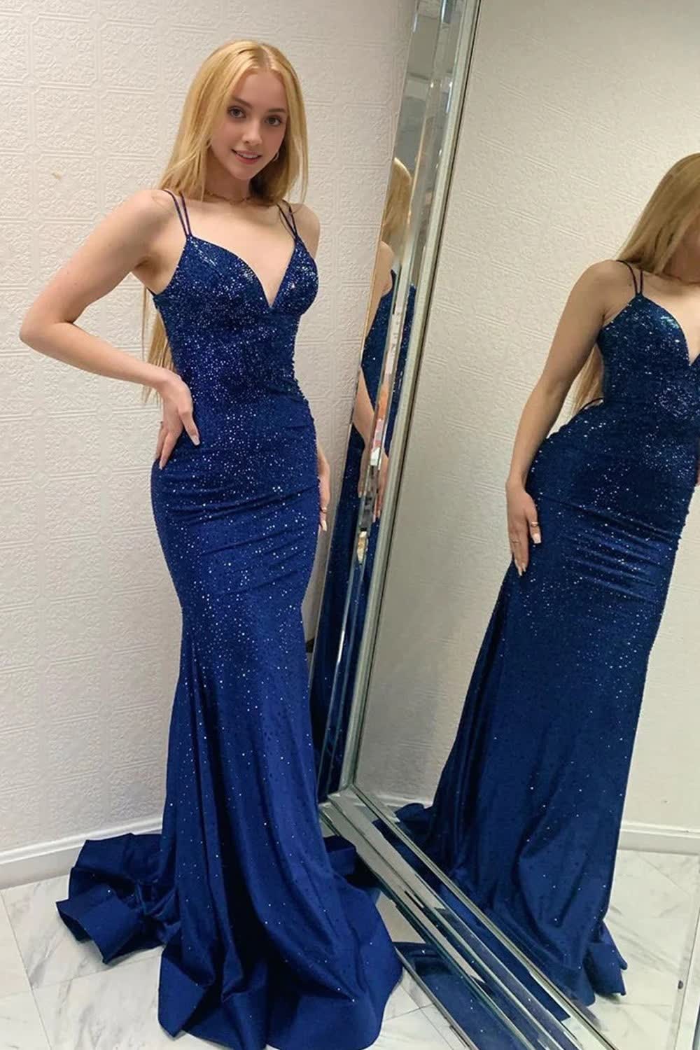 Sparkly Navy Beaded Mermaid Backless Long Prom Dress