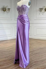 Purple Prom Dress Strapless Mermaid Corset Long Evening Dress with Slit