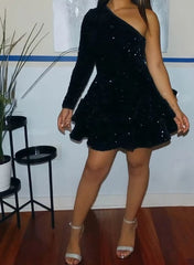 Homemade Ranch Dress, Sparkly Sequin Cocktail Dresses Short A Line One Shoulder African Women Formal Long Sleeve Homecoming Dress