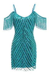 Sparkly Turquoise Tight Sequins Short Homecoming Dress with Fringes