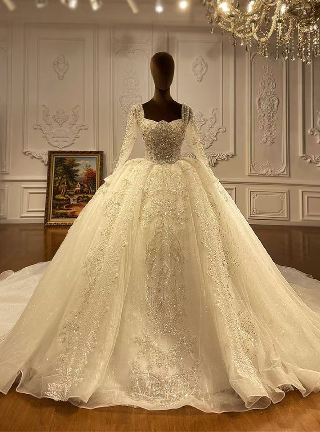 Square Long Sleeve Tulle Sequins HandWork Beading Wedding Dress