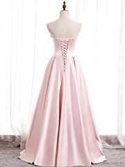 Party Dress Brands Usa, Strapless A-line Pink Satin Prom Dresses, Pink Satin Long Party Dress