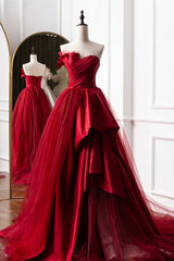 Strapless Burgundy Long Prom Dresses, Wine Red Long Formal Evening Dresses