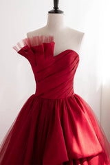 Strapless Burgundy Tulle Satin Long Prom Dresses, Wine Red Long Fomal Gowns