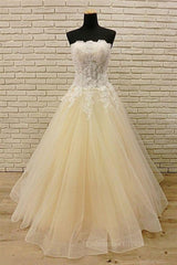 Formal Dresses Nearby, Strapless Champagne Long Prom Dresses with Lace Appliques, Champagne Lace Formal Evening Dresses