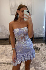 Strapless Lavender Sequin Tight Mini Dress with Ruffles