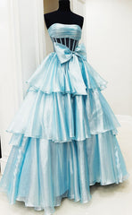 Strapless Long Prom Dress with Bow and Ruffle Skirt