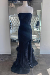 Party Dresses Designs, Strapless Mermaid Dark Blue Lace Long Prom Dresses, Mermaid Dark Blue Lace Formal Dresses, Dark Blue Lace Evening Dresses