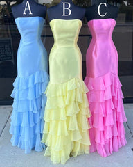 Strapless Mermaid Long Prom Dress with Chiffon Ruffle Skirt