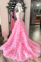 Strapless Pink Black Tulle Long Prom Dresses, Shiny Pink Black Tulle Long Formal Evening Dresses