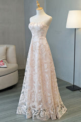 Evenning Dresses Short, Strapless Pink Lace Long Prom Dresses, Pink Lace Formal Graduation Evening Dresses