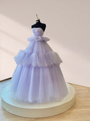 Strapless Pleated Tulle Ball Gown Tiered A Line Prom Dress Floor Length Party Dress