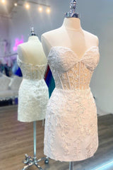 Prom Dress Websites, Strapless Short White Lace Prom Dresses, Short White Lace Formal Homecoming Dresses