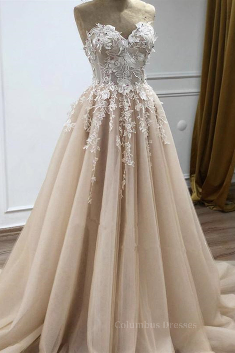 Elegant Dress, Strapless Sweetheart Neck Champagne Lace Appliques Long Prom Dress, Champagne Lace Floral Formal Evening Dress