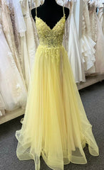 Straps Yellow Long Prom Dresses with Lace Top