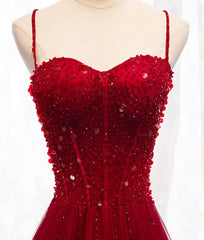 Formal Dresses Cocktail, Straps Dark Red Beaded Sweetheart Long Formal Dress, Junior Prom Dress