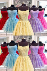 Evening Dress Princess, Straps Lace Applique Blue Homecoming Dress,Fuchsia Cocktail Dresses