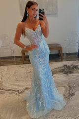 Straps Light Blue V-Neck Sequin Appliques Mermaid Prom Dress