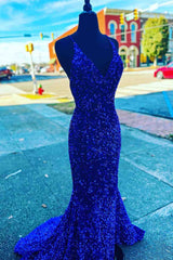 Straps Mermaid Royal Blue Sequins Long Prom Dress with Slit