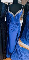 Straps Royal Blue Long Prom Dresses with Beading