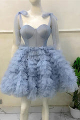 A Line Straps Tulle Short Prom Dress, Above Knee Homecoming Gown