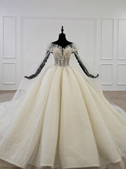 Stunning Champagne Ball Gown Tulle Sequins Off the Shoulder Appliques Wedding Dress